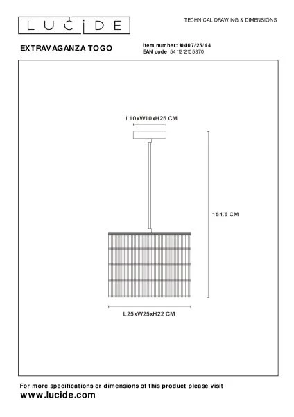 Lucide EXTRAVAGANZA TOGO - Pendelleuchten - Ø 25 cm - 1xE27 - Ockergelb - technisch